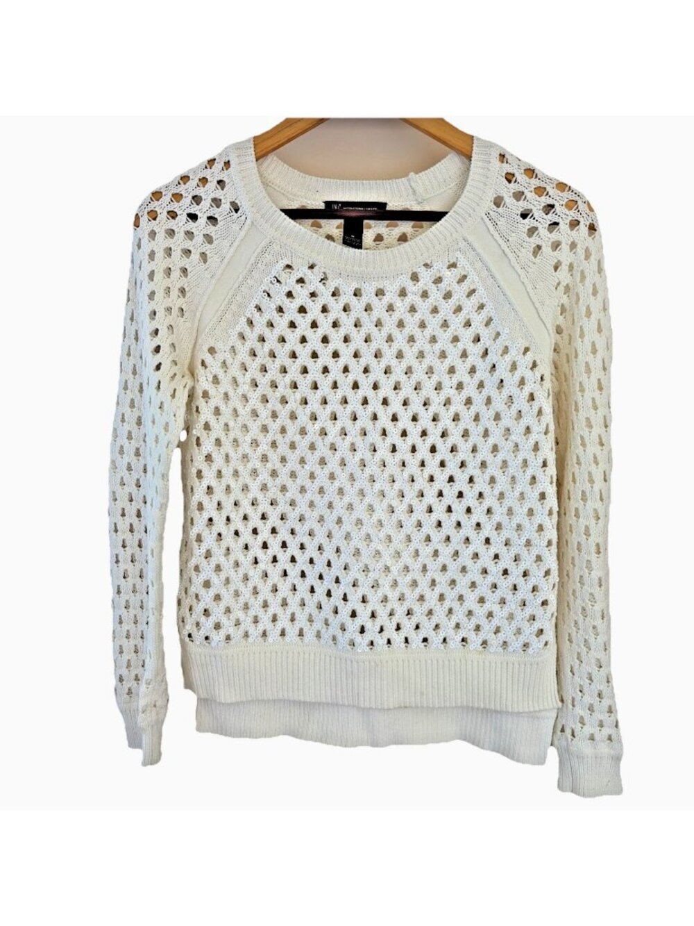 INC Women's Open Weave Sweater Size M Ivory Sheer  Sequin Glam Festival Summer